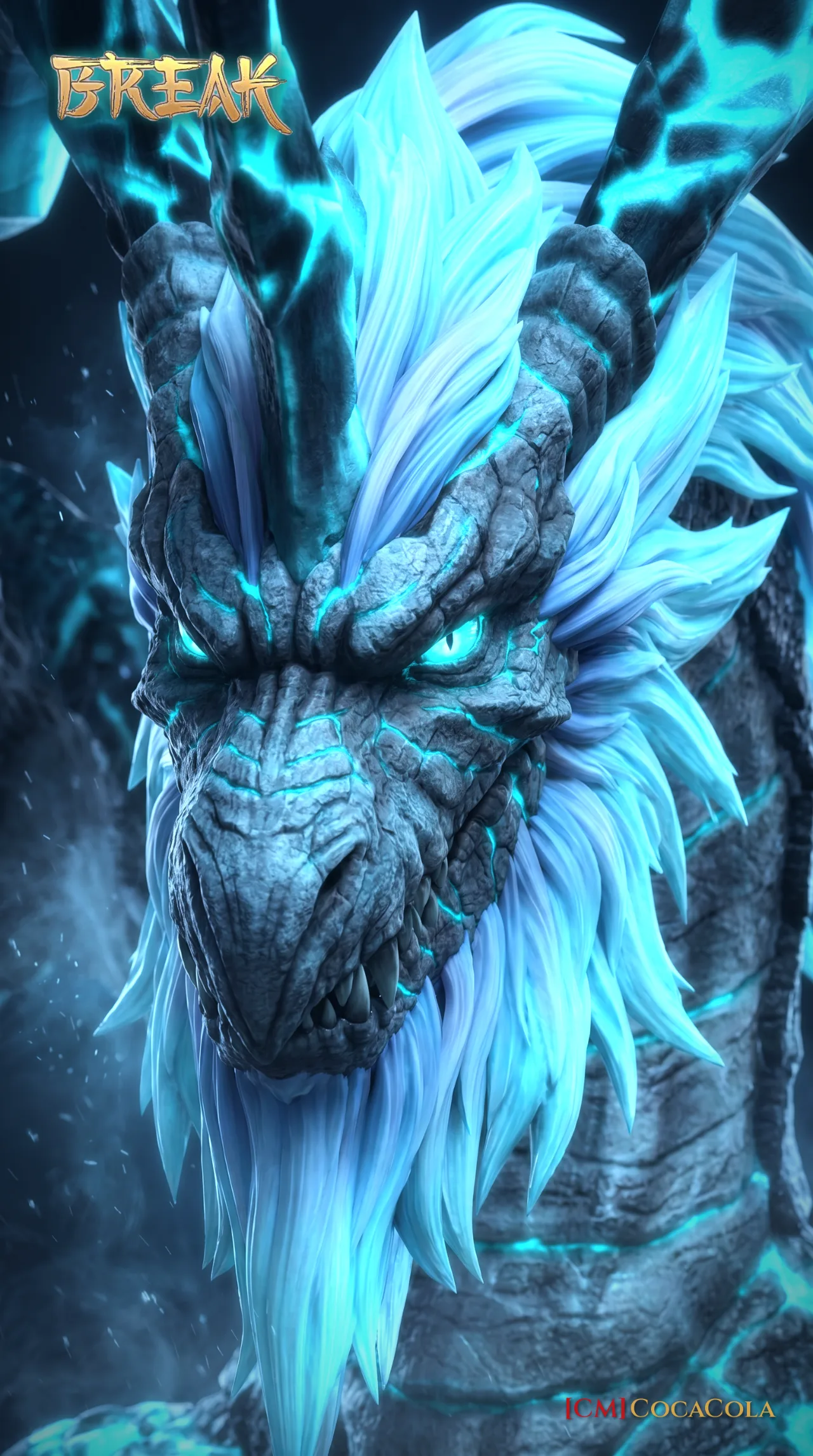 Primer plano de un dragón con cuernos, escamas pétreas, melena blanca y ojos y grietas de brillo turquesa.