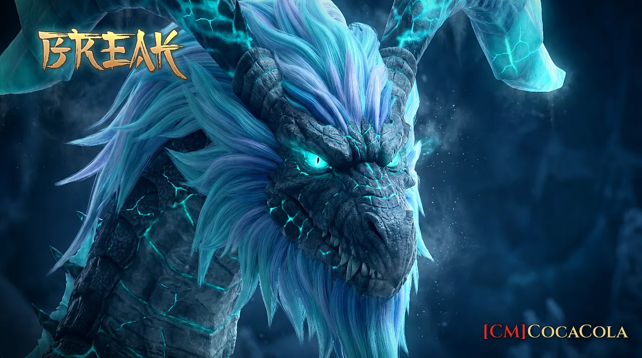 Dragón de grandes cuernos, melena azul y escamas oscuras con grietas luminosas turquesas sobre un fondo sombrío.